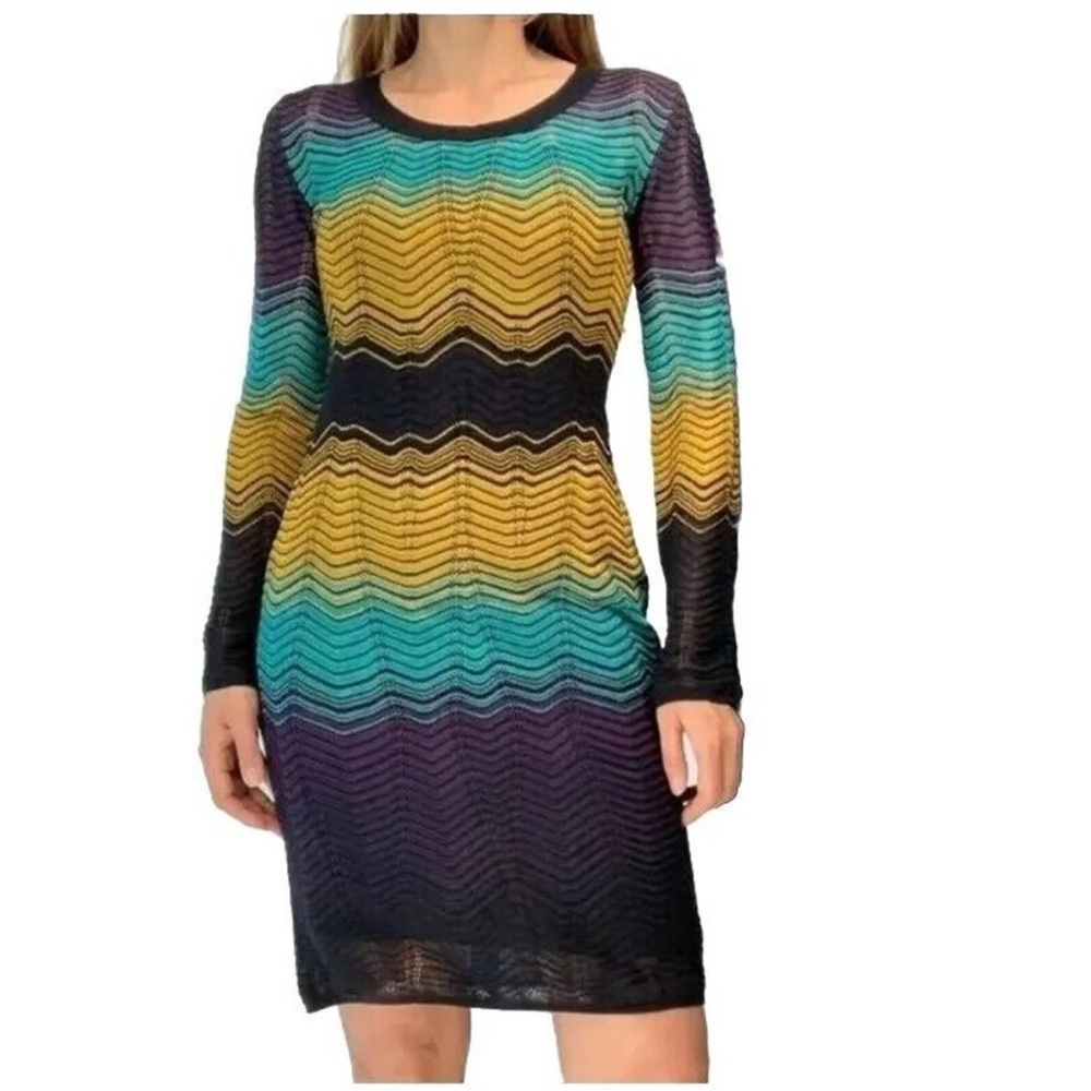 M Missoni Multicolored Wave Texture Knit Long Sleeve Dress Size M